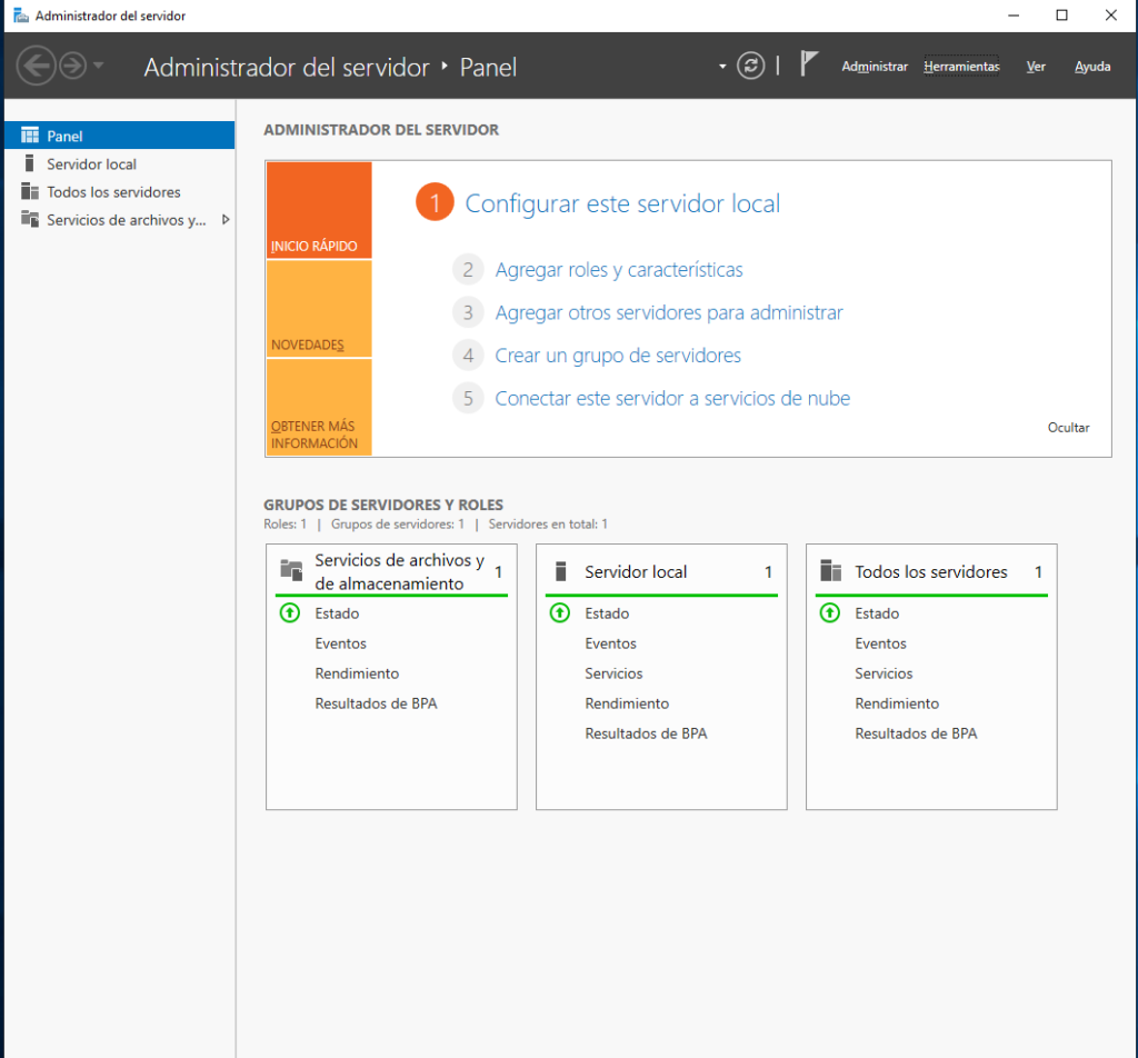 Panel de Windows Server.